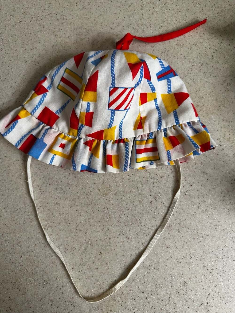Vintage Flapper Brand Nautical Signal Flag Print Sun Bonnet Hat with Ruffle Trim